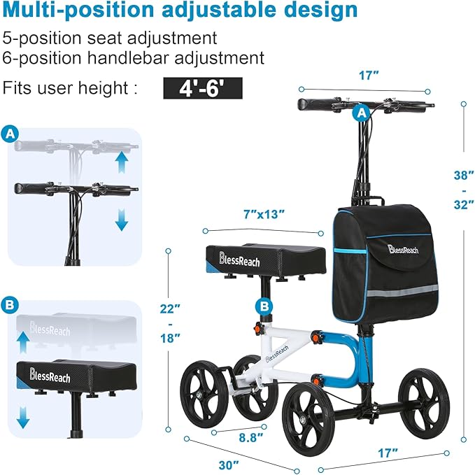 Knee Scooter，Knee Scooter for Adults for Foot Surgery，Steerable Knee Walker for Foot Injuries Compact Crutch Alternative with Dual Braking System (Blue)