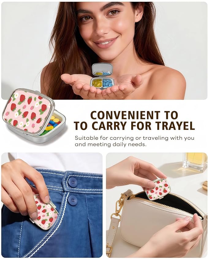 LRITER Pill Case, 2 Compartment Portable Small Travel Pill Organizer for Purse and Pocket, Stylish Medicine Case with Multiple Patterns, Daily Pillbox for Home & Travel (Strawberry)