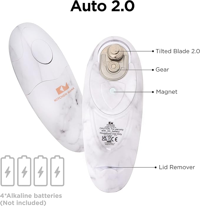 Kitchen Mama Auto 2.0 Electric Can Opener: Blade Opens Almost Any Can Pop or Soda Can - Automatic, Hands Free, Safe, Smooth Edge, Lid Remover, Battery Operated, Cordless, YES YOU CAN (Marble White)