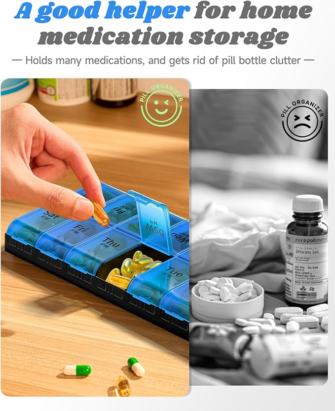 Extra Large Pill Organizer 2 Times a Day, Weekly XL AM PM Pill Case, 7 Day Pill Box Twice a Day, Oversized Daily Medicine Organizer for Vitamins (Blue)