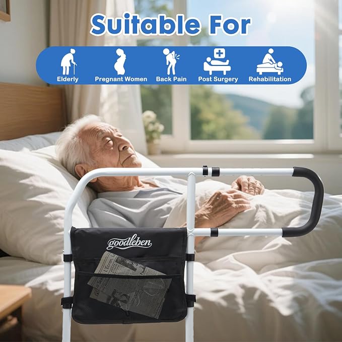 Bed Rails for Elderly Adults, Adjustable Bed Assist Rails for Seniors with Non-Slip Handle & Storage Pocket, Bed Assist Bar Supports up to 350 Lbs, Fits Twin/Full/Queen/King Beds