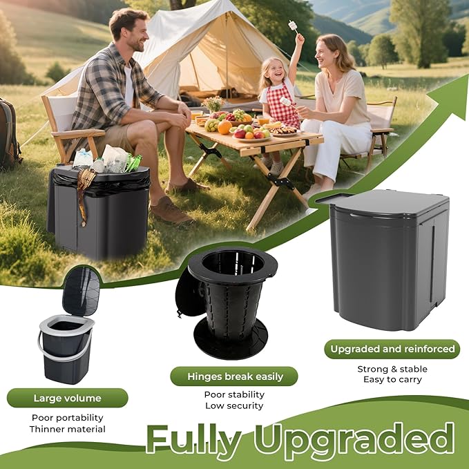 Portable Camping Toilet Kit for Adults, Upgrade Travel Potty Seat with Lid Removable Paper Holder and Absorbent Gel, for Camping, Hiking, Truck, RV Toilet, Beach