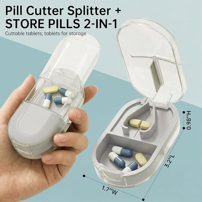 Pill Cutter Splitter for Small or Large Pills, Portable Pill Splitter with Hidden Professional Organizer and Brush, Tablet Cutter Medicine Slicer, Coupe Pilule for Tablets and Vitamins(Gray)