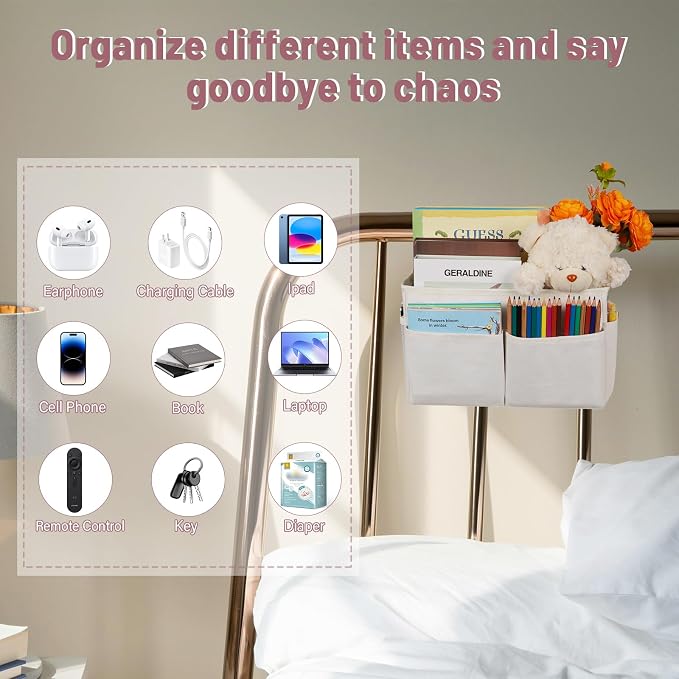 Bedside Caddy Organizer 5 Pockets and 4 Hooks for Bunk Bed White | Hanging Storage Bag for Headboards