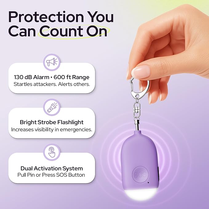 Weten Rechargeable Personal Alarm Keychain - 130dB Siren & LED Light - Stylish Personal Safety Alert for Women to Carry - Panic Button Alarm for Security - Rape Whistle for Self Defense (Purple)