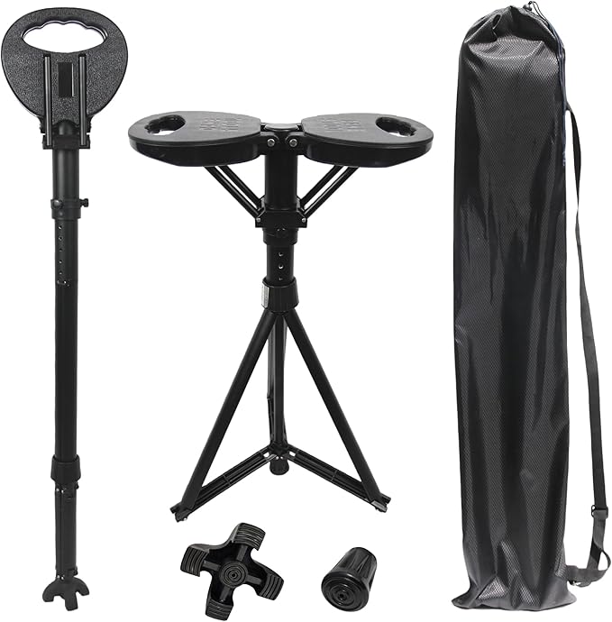 Upgraded Portable Walking Sticks with Seat,Adjustable Height 34"-37" Cane with Stool,Cane Seat，2-in-1 Foldable Walking Sticks,Lightweight Tripod Crutches Stool Capacity 550lbs for Men Women Elderly