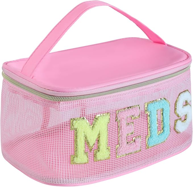Medicine Bag, Portable Meds Bag with Chenille Letters, Breathable Mesh Makeup Bag Organizer for Travel, Pill Storage & Cosmetic Collection