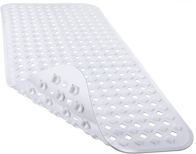 Yimobra Bathtub Mat Non Slip, Super Strong Suction Cups, 27.5"x15.5" Long Shower Mat with Drain Holes, Machine Washable Fast Draining Bath Mats, Bathroom Essentials,White