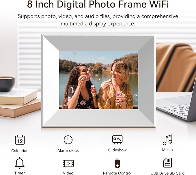 8-Inch Digital Picture Frame with WiFi, Wood Finish Frame Smart Photo Frame HD IPS Touch Screen with 16GB Storage – Easy Photo & Video Sharing from Anywhere – Ideal Gift for Family, White