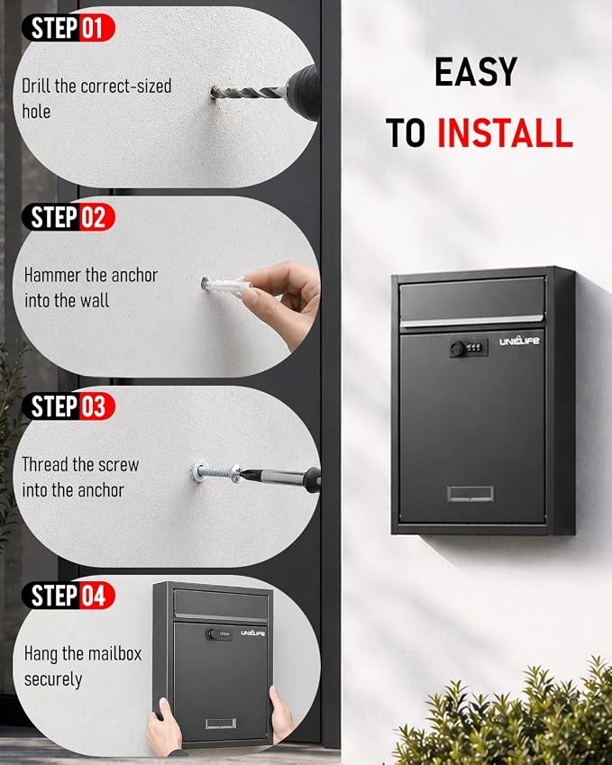 Uniclife Wall Mount Mailbox for Outside, Large Locking Mailbox, Black | Security Mail Box with Combination Lock, Safe Key Drop Box, Post Box, Steel Cash Drop Box for Home Office School