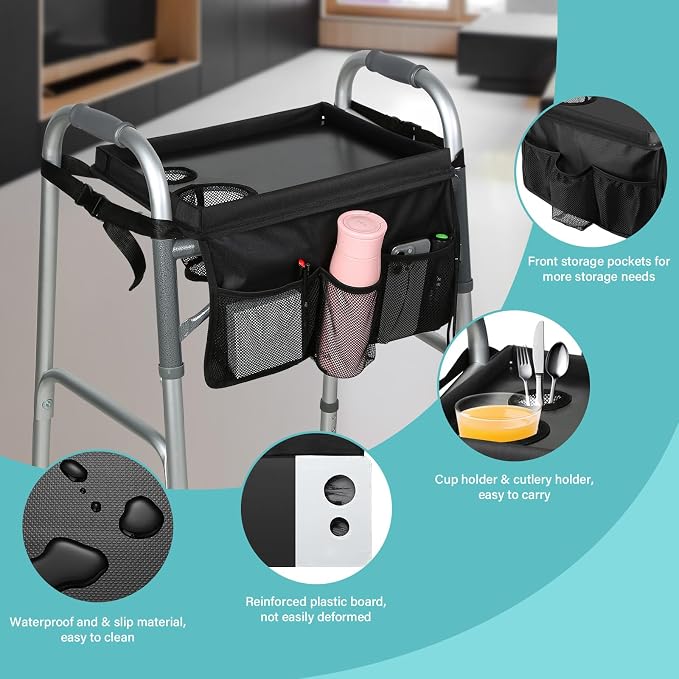 Walker Tray for Folding Walker, Trays for Walkers for Seniors Detachable with Cup Holder,Walker Trays for Rolling Folding Walker,Walker Accessories for Elderly (Black with Baffles)