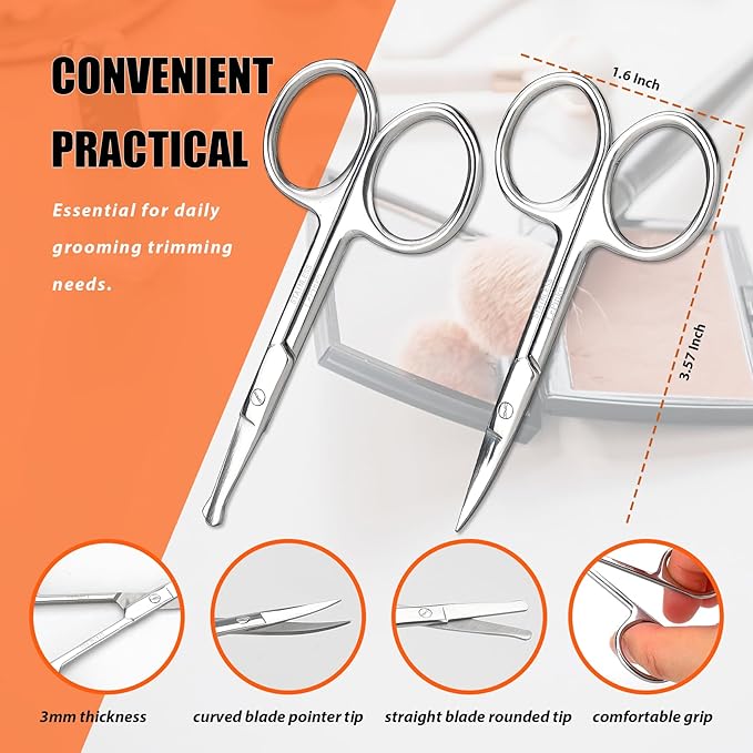 Facial Hair Small Grooming Scissors For Men Women - Eyebrow, Nose Hair, Mustache, Beard, Eyelashes, Ear Trimming Kit - Curved and Rounded Safety Tip Clippers For Hair Cutting - 2PCS Silver