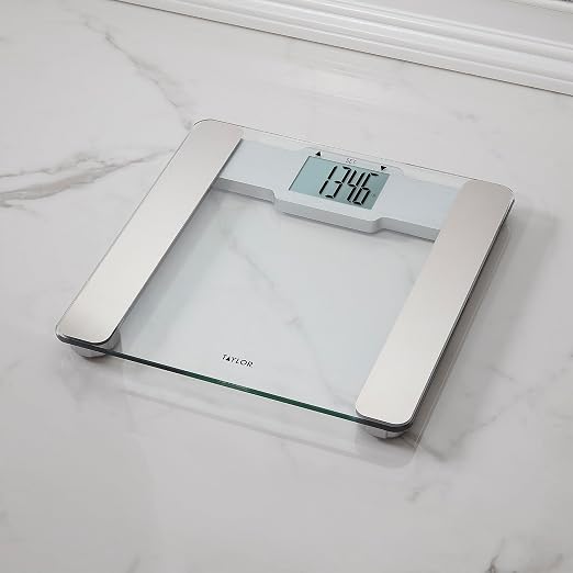 Taylor Digital Glass Bathroom Scale with Body Fat, Body Water and Muscle Mass Analysis - Clear Tempered Glass Platform, 400 lb Capacity, Large Display, Stainless Steel Accents