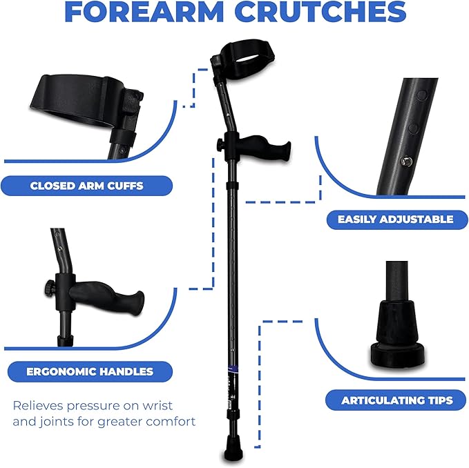 in-Motion Forearm Crutches | Spring Assist Crutches for Adults | Walking Crutch with Ergonomic Handles | Articulating Tips | Size Tall (5'3" - 6'8") | Lightweight & Durable | Charcoal | 350lb Capacity