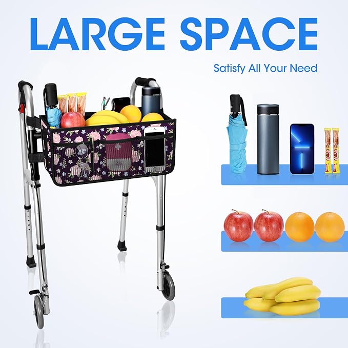 Dotday Upgraded Walker Basket with Cup Holder, Foldable Walker Bag | Basket for Walker for Senior, Walker Accessories for Folding Walker, Large Capacity, Never Tipping Over, Not Fit for Rollator