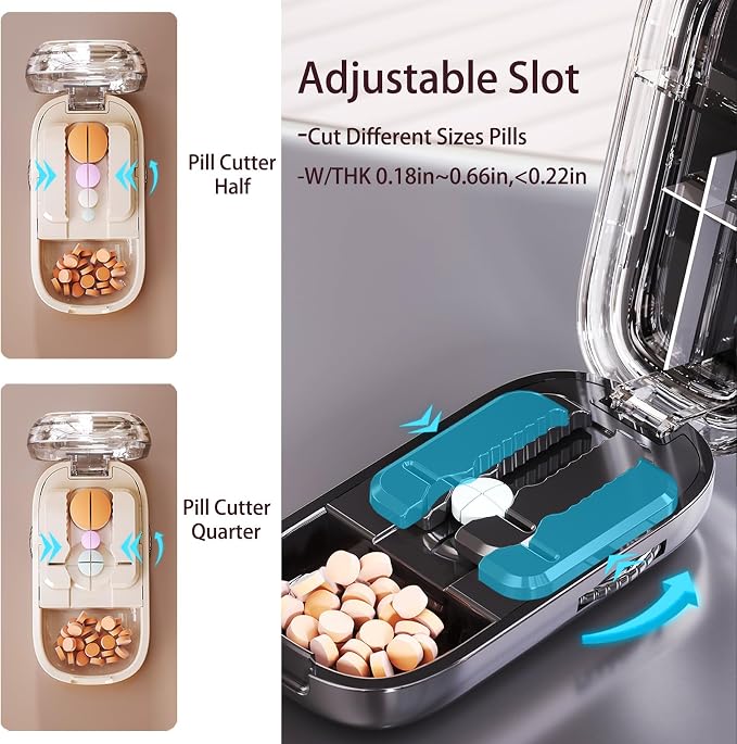 Pill Cutter Splitter for Small and Tiny Pills - Adjustable Pill Splitter with Centering Device for Cutting Multiple Pills, Precision Alignment, Easy to Use and Travel Sized (Inky Black)