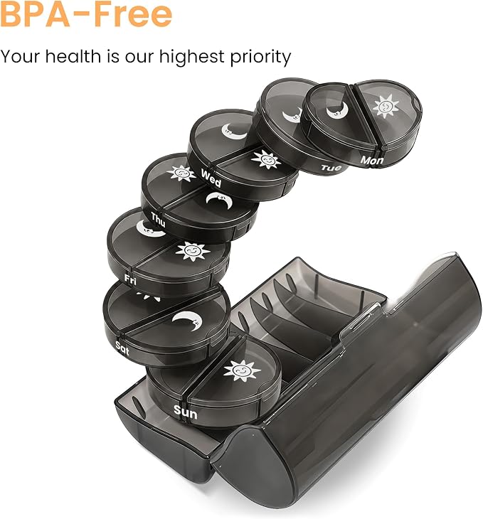 Weekly Pill Organizer 2 Times a Day, Travel Pill Case Organizers 7 Day, AM PM Pill Box for Purse, Pocket, Compact Portable Pill Container for Medication, Vitamin, Fish Oil, Supplement (Black)