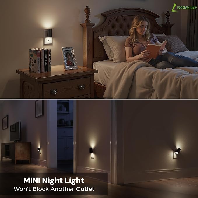 L LOHAS LED Bright Night Lights Plug into Wall,Daylight White,Rotating,Mini | Dimmable Nightlight Plug in, Light Sensor Night Light, LED Nightlights, Hallway Bedroom Bathroom Kitchen,[Black Shade,4 Pack]