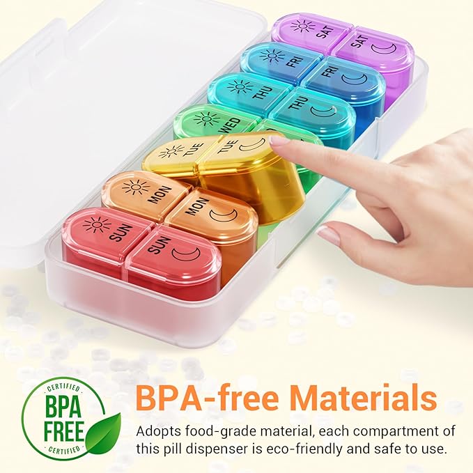 Weekly Pill Organizer 2 Times a Day - AM PM Pill Organizer with 7 Daily Color-Coded Small Cases, Morning and Night Travel Pill Cases for Vitamins, Medicine, & Supplements