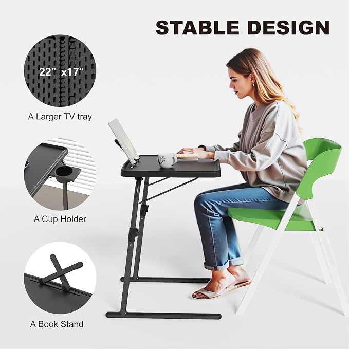 2PK TV Tray Table with Cup Holder, Max Folding TV Dinner Tray w/6 Height & 3 Tilt Angle, Adjustable TV Trays for Eating on Couch, Large Foldable Laptop Table, 16.9 x 22 x 29.1inch, 110lbs