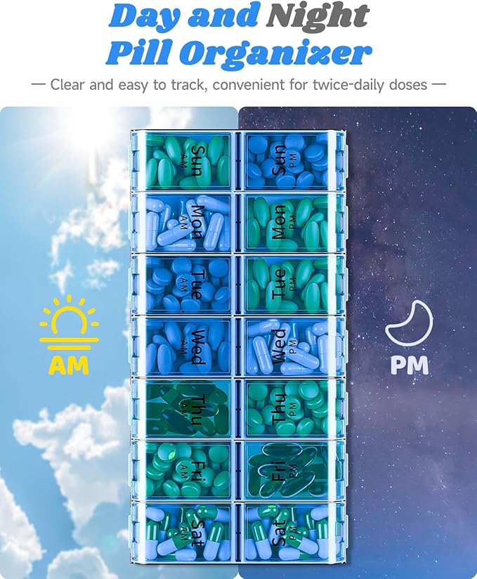 Extra Large Pill Organizer 2 Times a Day, Weekly XL AM PM Pill Case, 7 Day Pill Box Twice a Day, Oversized Daily Medicine Organizer for Vitamins (Blue)