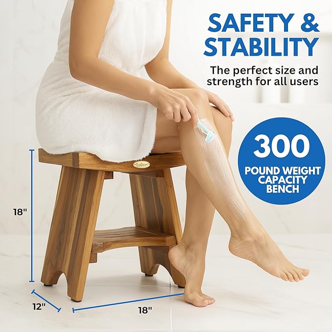 EcoDecors Serenity Teak Shower Bench,18 Inch, Natural Finish + Loveable 24 oz Teak Oil + Loveable 32 oz Teak Cleaner Spray Bottle