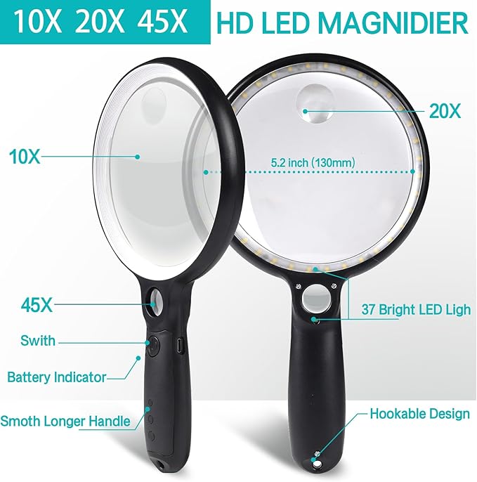 Large Magnifying Glass with 37 LED Light, 10X 20X 45X Handheld Illuminated Lighted Magnifier with 3 Light Modes Rechargeable Magnifying Glass for Seniors Reading, Inspection (White & Black)