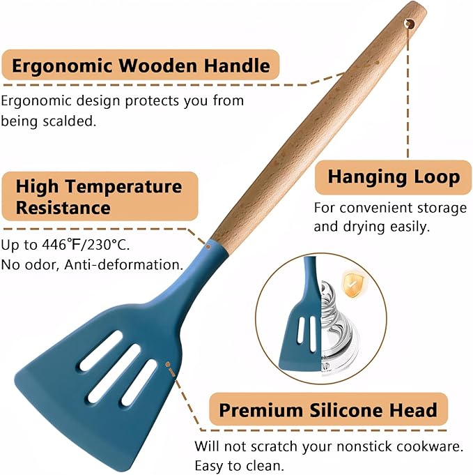 Silicone Kitchen Cooking Utensils Set 5Pcs Non-Stick Silicone Kitchen Utensils Set Spatula Spoon Turner Ladle with Wooden Handle, Heat Resistant Cooking Gadgets for Nonstick Cookware BPA-FREE