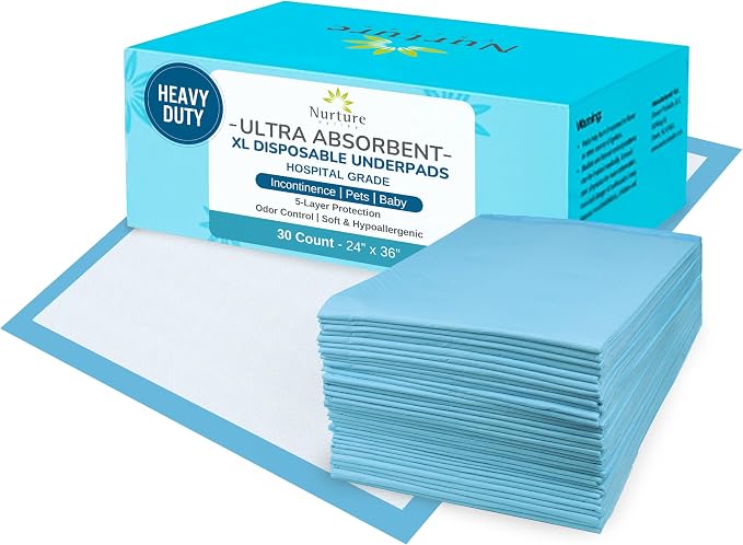 Nurture Heavy Duty Ultra Absorbent Bed Pads Chux Underpads - 24x36, 30 Pack | Waterproof disposable liners for adult incontinence chucks offer hospital grade protection, keeping sheet surfaces dry