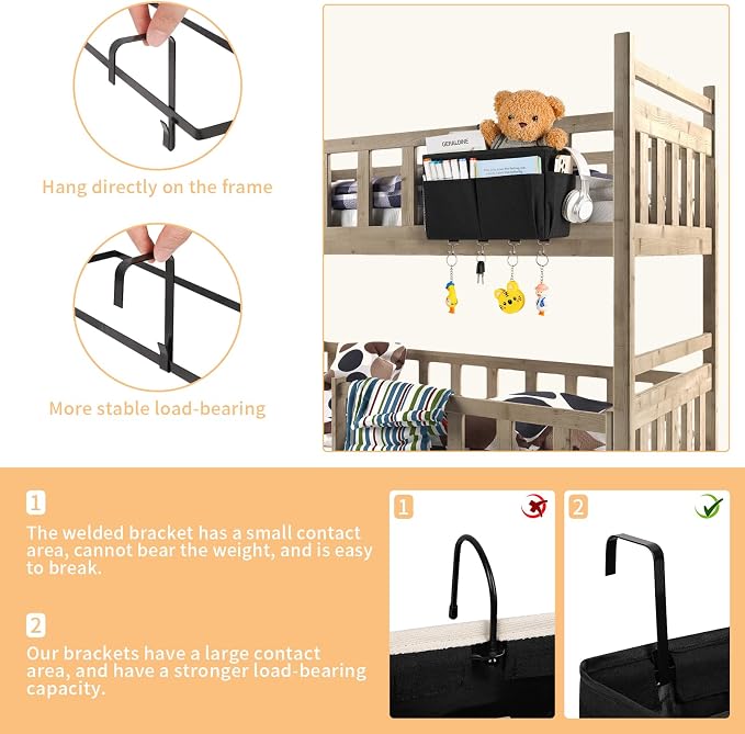 Bedside Caddy Organizer 5 Pockets and 4 Hooks for Bunk Bed Black | Hanging Storage Bag for Headboards