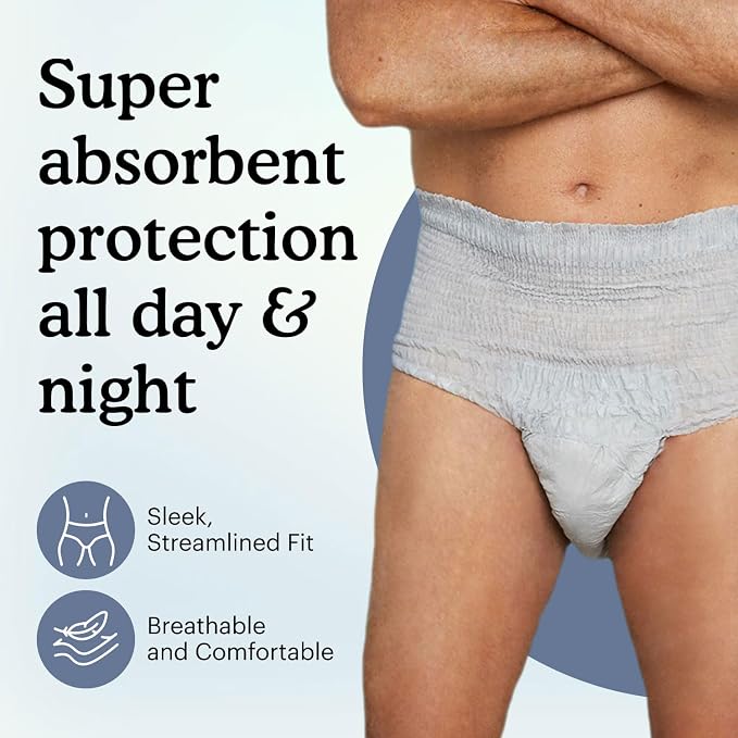 Because Maximum Incontinence Underwear for Men - Heavy Bladder Leak Protection, Ideal for Overnight Leakage, Sleek, Invisible Fit, Grey, Large - Absorbs 4 Cups - 80 Count (4 Packs of 20)