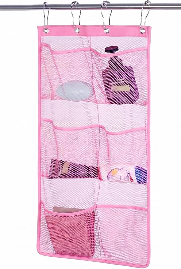 ALYER 6 Storage Pockets Hanging Mesh Shower Caddy,Space Saving Bathroom Accessories and Quick Dry Bath Organizer,Pink