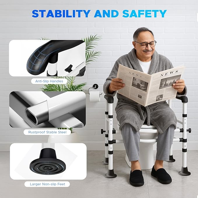 Toilet Safety Rails for Seniors - Adjustable Height & Width Safety Frame with Handrail, Fits Most Toilet Seats, Supports 220lbs, Non-Slip Bathroom Assist Bar for Elderly (Easy Installation)
