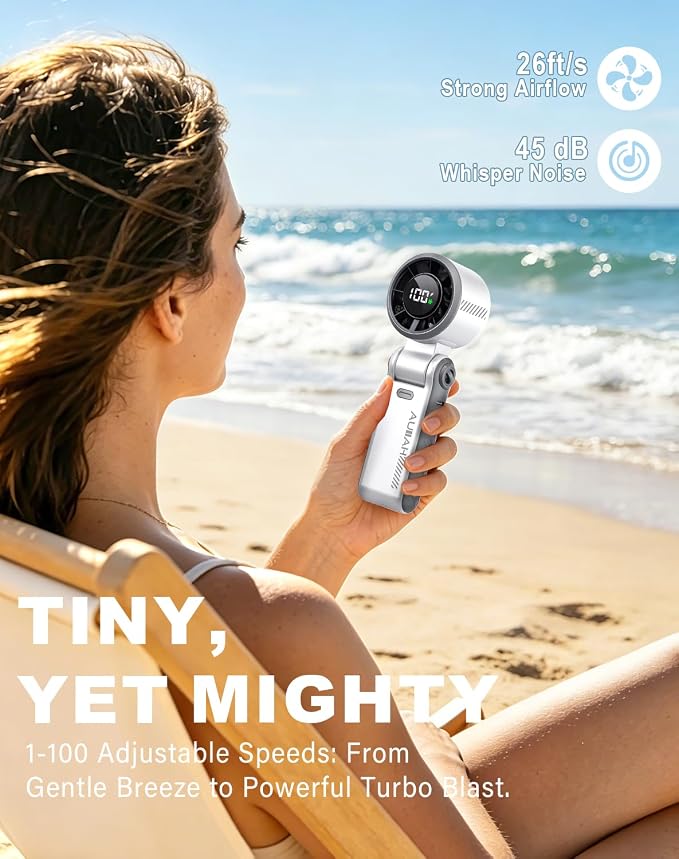Portable Handheld Turbo Fan - 5 Speed Mini Personal Fan with Strong Airflow, Foldable 3 in 1 Rechargeable Battery Operated Trave Essentials Hand Fans for Indoor/Outdoor Use, White