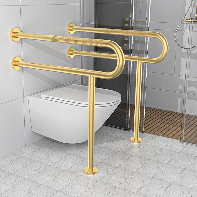 Toilet Support Rail 31.3X 31.5 Inch, Munzong Anti-Slip Gold Handicap Grab Bar for Bathroom, Stainless Steel Knurled Safety handrails with Leg for Elderly Disabled Pregnant-1.25’Tube