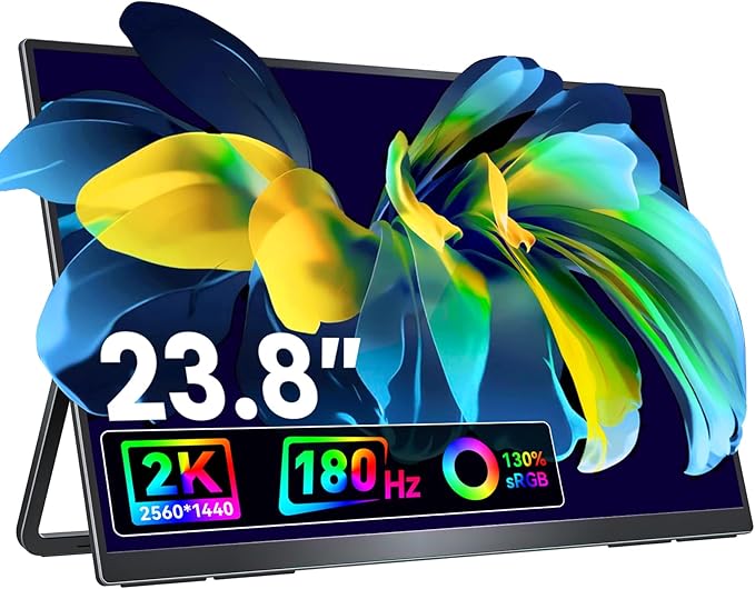 VisionOwl Large Portable Monitor 23.8-Inch 2K QHD 180Hz Refresh Rate Laptop Monitor, 130% sRGB, IPS Panel, USB-C & HDMI for Laptop, PC, Mac, PS5, Xbox, Built-in Kickstand, Speakers, VESA Mountable