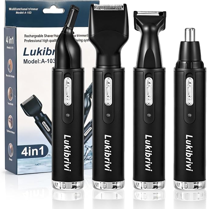 Rechargeable Ear and Nose Hair Trimmer, 4-in-1 Professional Painless Eyebrow & Facial Hair Trimmer for Men Women, Powerful Motor and Dual-Edge Blades for Smoother Cutting,Black