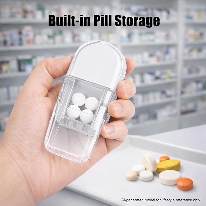 Pill Cutter and Crusher, Tablet Splitter for Small and Tiny Pills, Professional Medicine Cutter for Large Tablets, 1/4 Dose Divider,Portable Divider for Travel Use– Transparent White