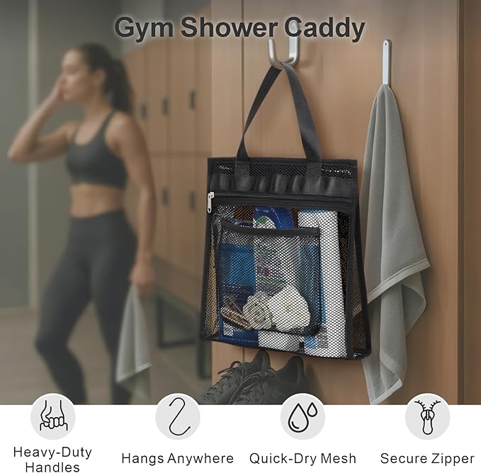 Small Mesh Shower Caddy Portable - Zipper Gym Shower Bag for Travel, Black | 3 Pockets, Quick-Dry Mesh, S-Hook, Hanging Shower Caddy for Toiletry Essentials, Bathroom & Camping