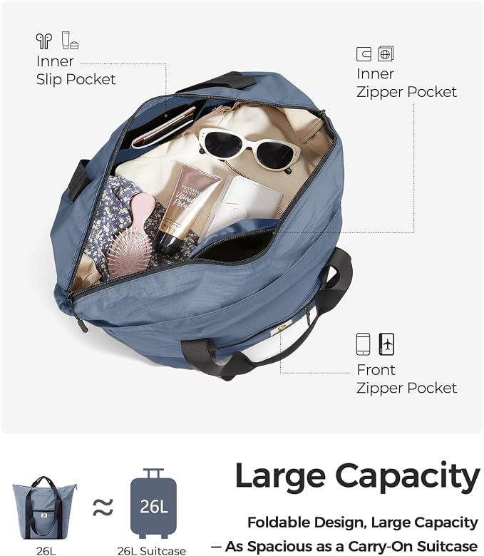 Foldable Travel Bag, 26L Lightweight Weekender Duffel, Expandable Second Carry-On Bag for Travel & Shopping, Water-Resistant Personal Item Bag, Mist Blue