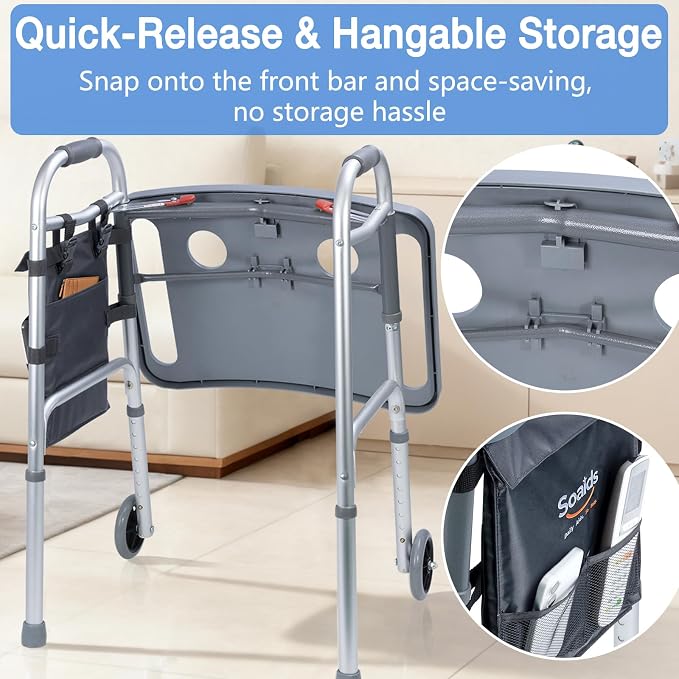 Walker Tray for Seniors with Dual Cup Holders & Side Pouch (Gray) | Durable Food & Drink Table, Lightweight with Non-Slip Pad, Compatible with Walker of 10210-1 Model