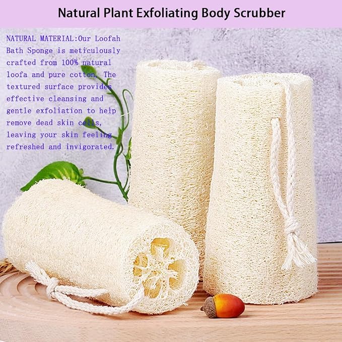 Natural Loofah Exfoliating Body Scrubber,3 Pack | Bath Sponge with Hanging Loop,Shower Loofah Sponge Body Scrubber for Women and Men,Biodegradable Spa Gift