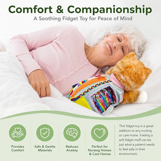 Fidget Blanket for Dementia, Fidget Cat Blanket for Elderly, Fidget Sensory Cat Blanket for Seniors with Alzheimer’s, Dementia Products for Elderly