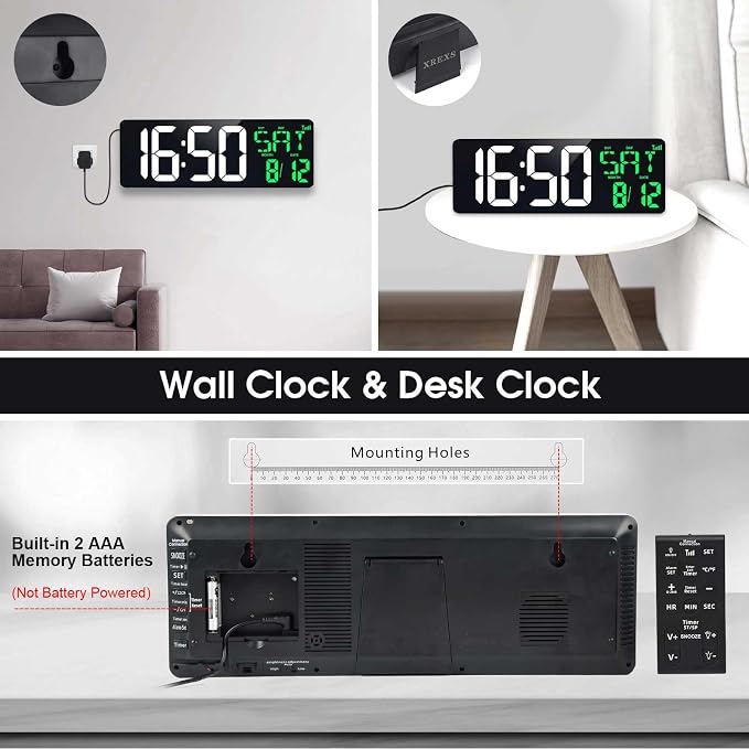 17 Inch Digital Wall Clock Large Display Bluetooth Sync Time, Auto-Dimming Large Digital Wall Clock with Remote, Date/Week/Temperature/DST, Plug-in Digital Clock for All Spaces Use, Gift
