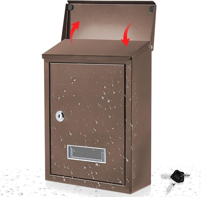 Amylove Weatherproof Mail Boxes with Key Lock, Security Locking Wall Mount Metal Mailbox with Slot for Outside, Large Capacity for Mail, Packages, Donations, Voting 11.8 H x 8.3 L x 2.8 W, Brown