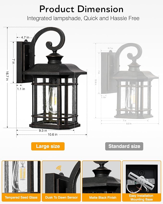 VIANIS 16.7 in Large Oil Rubbed Bronze Porch Lights Outdoor, Dusk to Dawn Outdoor Lights for House, Waterproof Outside Wall Light Fixtures for House, Garden, Garage, Entryway, Anti-Rust