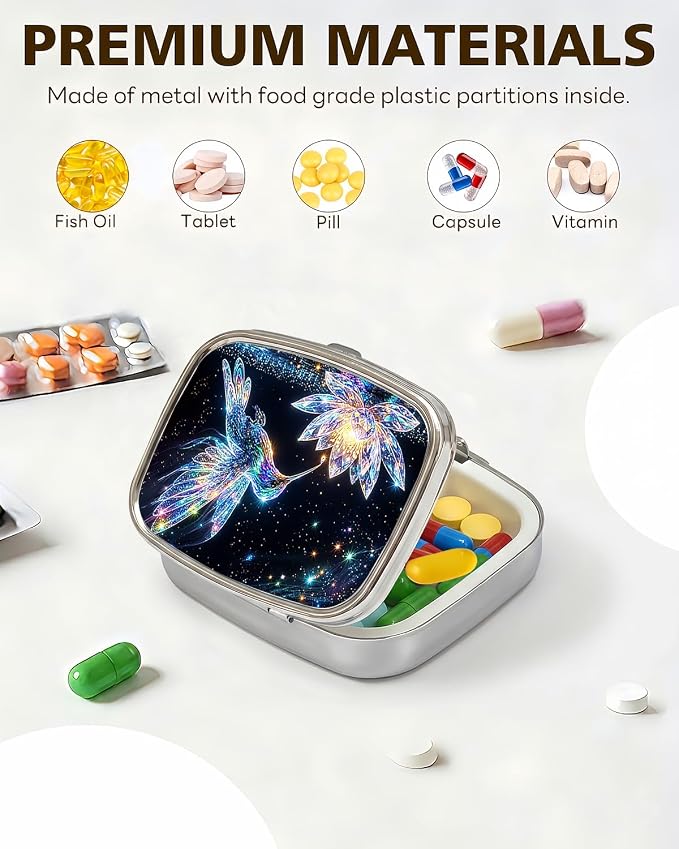 LRITER Pill Case, 2 Compartment Portable Small Travel Pill Organizer for Purse and Pocket, Stylish Medicine Case with Multiple Patterns, Daily Pillbox for Home & Travel (Lotus and Bird)