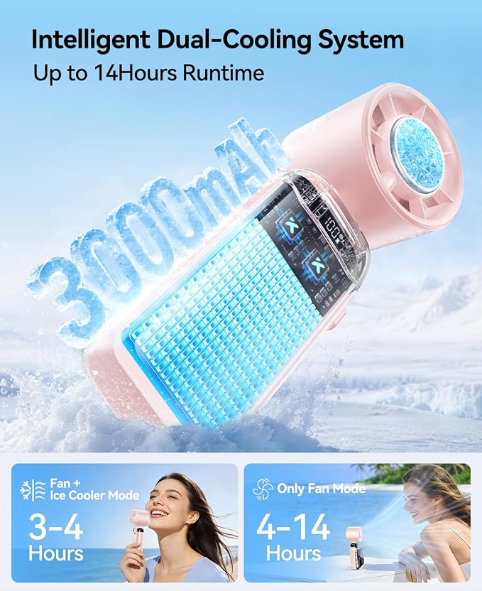 KIMMOO Handheld Portable Turbo Fan with Ice Cooler, Powerful 21000 RPM, Speed (1-199), Up to 14Hrs Cooling, Rechargeable Personal Fan, Small Pocket Hand Fans for Travel/Outdoor/Home/Office (Pink)