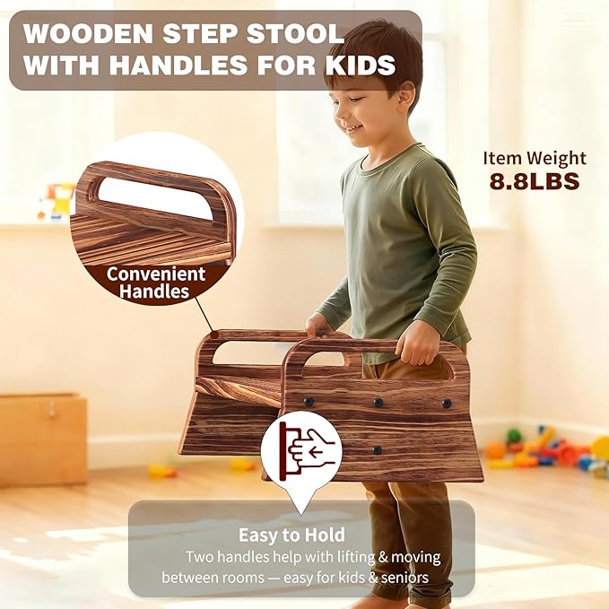 5.0in Height Wooden One Step Stool with Two Handles, Solid Pine Wood Step Stool for Kids Seniors Adults, Portable Use for High Bed, Kitchen & Bathroom.
