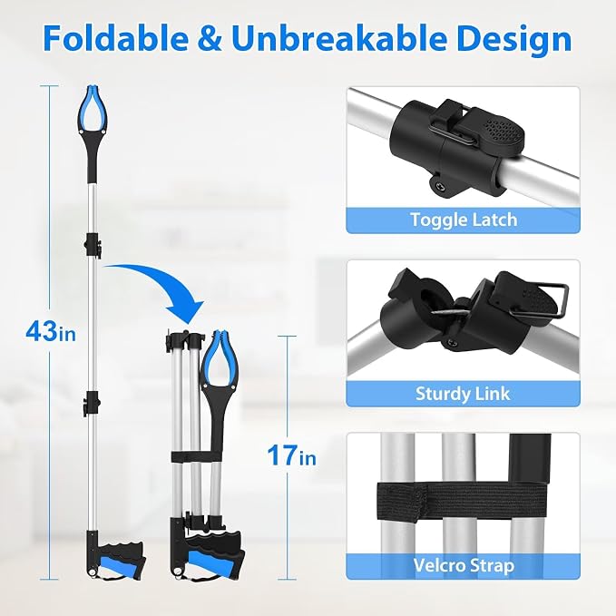 43" Grabber Reacher Tool Foldable Extension Grabber for Seniors Blue | 360° Rotating Jaw, Two Magnets, 4" Wide Claw Opening, Extra Long Trash Picker Upper, Mobility Aid Reaching Tool for Elderly